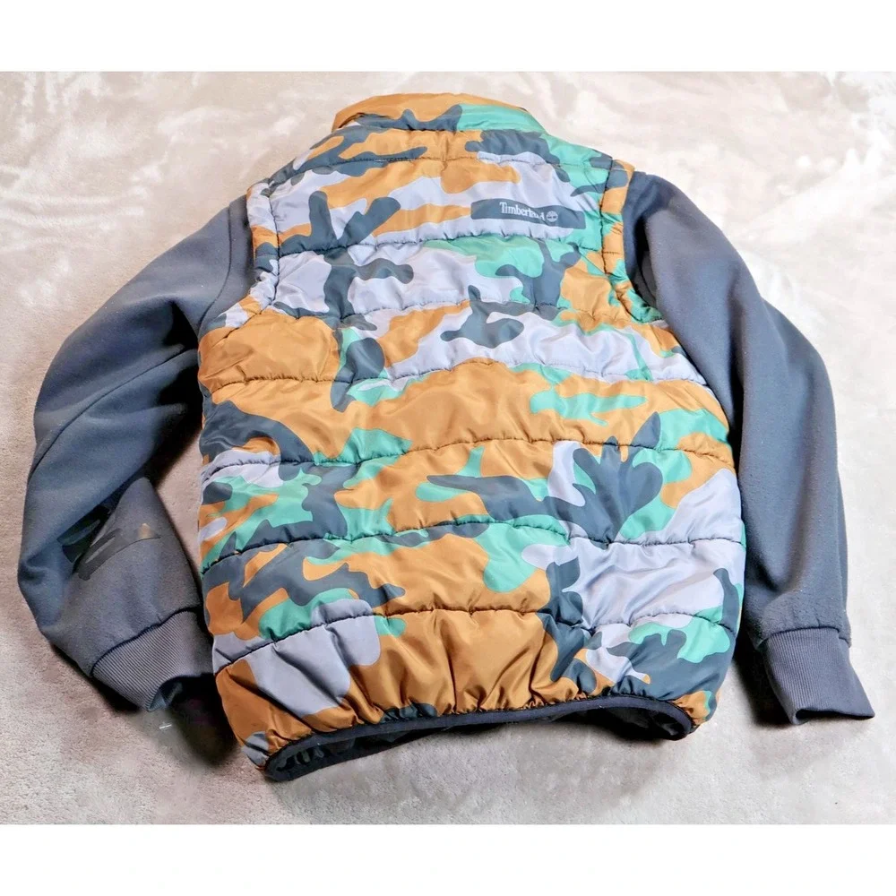 Timberland Jacket Boys Large 14/16‎ Camo Hooded Puffer Full Zip Gray Sleeves